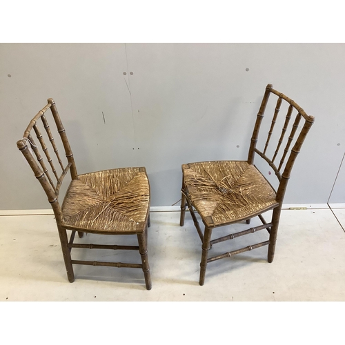 1077 - A pair of 19th century faux bamboo rush seat chairs, width 47cm, depth 40cm, height 87cm. Condition ... 