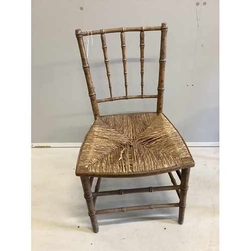 1077 - A pair of 19th century faux bamboo rush seat chairs, width 47cm, depth 40cm, height 87cm. Condition ... 