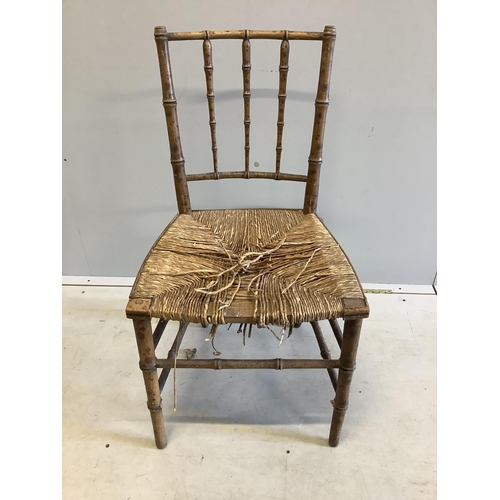 1077 - A pair of 19th century faux bamboo rush seat chairs, width 47cm, depth 40cm, height 87cm. Condition ... 