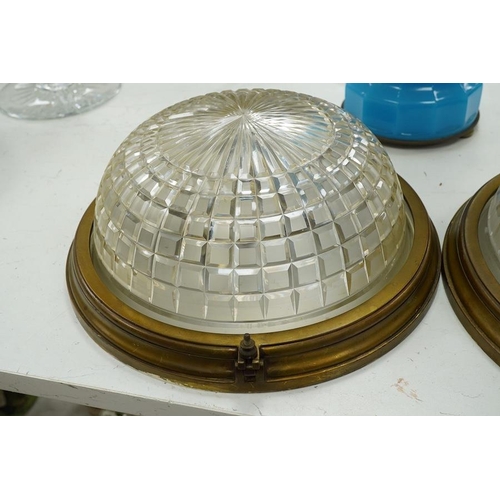 1285 - A pair of cast brass and cut glass ceiling domes, by repute from old Stock Exchange, 37cm in diamete... 