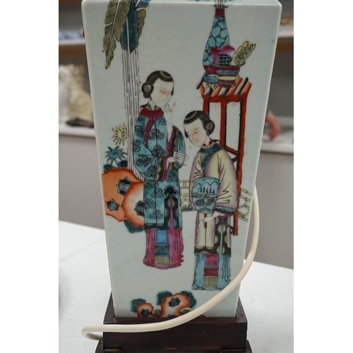 1288 - A Chinese famille rose table lamp, decorated with figures, 47cm high excluding the fitting. Conditio... 