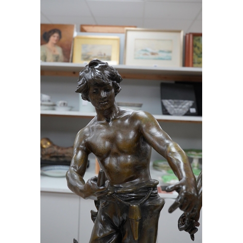 1290 - After Auguste Moreau 1861-1906, a pair of spelter figures, 60cm. Condition - fair (pieces missing)... 