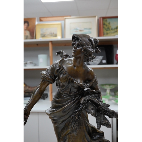 1290 - After Auguste Moreau 1861-1906, a pair of spelter figures, 60cm. Condition - fair (pieces missing)... 