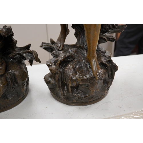 1290 - After Auguste Moreau 1861-1906, a pair of spelter figures, 60cm. Condition - fair (pieces missing)... 