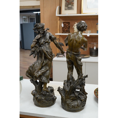 1290 - After Auguste Moreau 1861-1906, a pair of spelter figures, 60cm. Condition - fair (pieces missing)... 