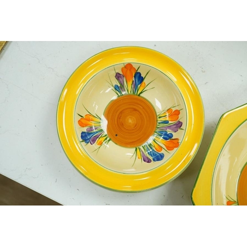 1291 - A Clarice Cliff Crocus pattern octagonal bowl and set of six dishes, largest 23cm wide. Condition - ... 