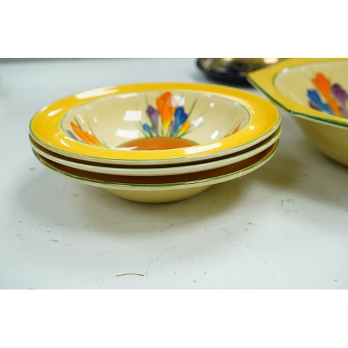 1291 - A Clarice Cliff Crocus pattern octagonal bowl and set of six dishes, largest 23cm wide. Condition - ... 