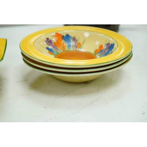 1291 - A Clarice Cliff Crocus pattern octagonal bowl and set of six dishes, largest 23cm wide. Condition - ... 