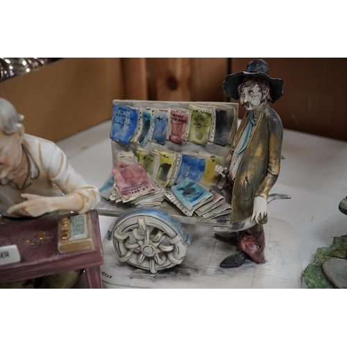 1300 - Four Italian ceramic figures to include Capodimonte money changer, 20cm. Condition - poor to fair... 