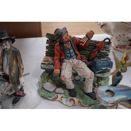 1300 - Four Italian ceramic figures to include Capodimonte money changer, 20cm. Condition - poor to fair... 