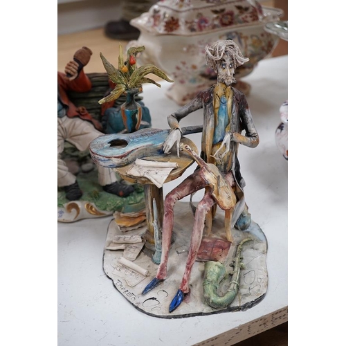 1300 - Four Italian ceramic figures to include Capodimonte money changer, 20cm. Condition - poor to fair... 