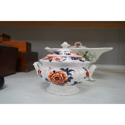 1301 - A Mason's ironstone tureen and cover, early 20th century, a Victorian Peking comport and a floral bo... 