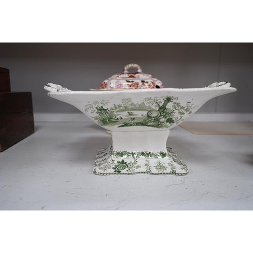 1301 - A Mason's ironstone tureen and cover, early 20th century, a Victorian Peking comport and a floral bo... 