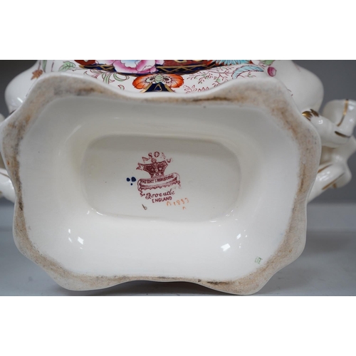 1301 - A Mason's ironstone tureen and cover, early 20th century, a Victorian Peking comport and a floral bo... 