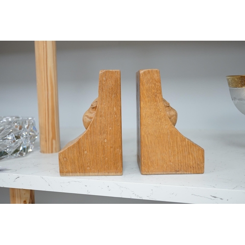 1313 - Workshop of Robert Mouseman Thompson of Kilburn - a pair of English oak single mouse bookends, e... 