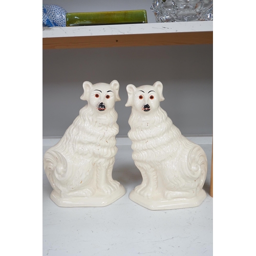 1319 - A pair of rare Staffordshire models of collies and a Victorian pottery models of a spaniel, tallest ... 