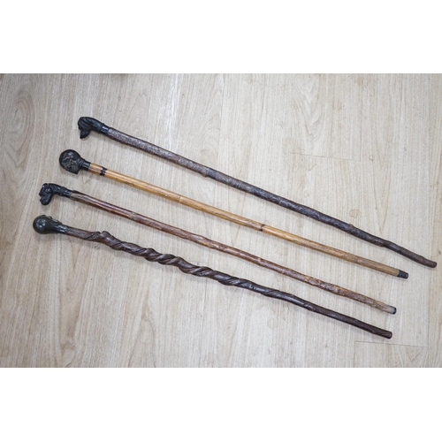 1320 - Four bronze topped walking canes, two with skulls, and two with dogs, canvas longest 93cm. Condition... 