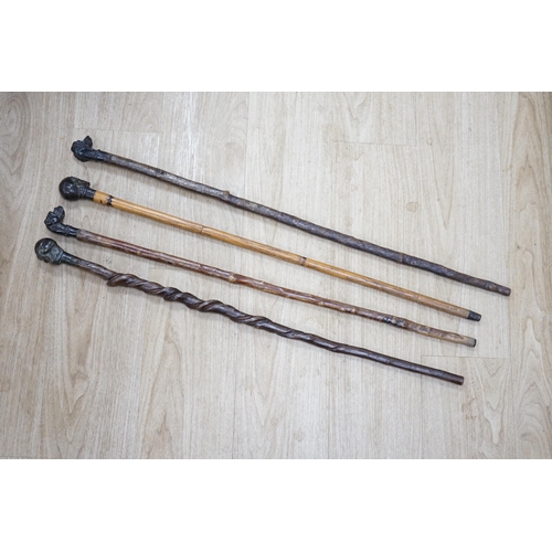 1320 - Four bronze topped walking canes, two with skulls, and two with dogs, canvas longest 93cm. Condition... 