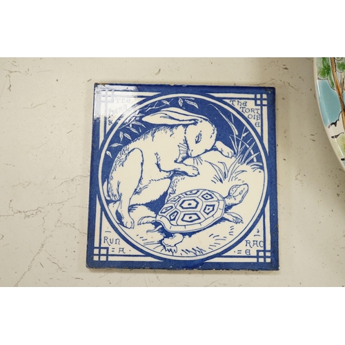 1322 - Two Minton pottery Arts and Crafts fireplace tiles, printed in blue and white, with scenes from Aeso... 