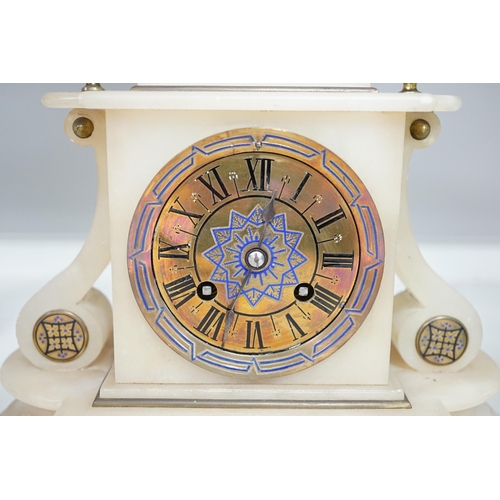 1324 - A Victorian alabaster mantel clock, striking on a bell, height 27cm. Condition - fair.