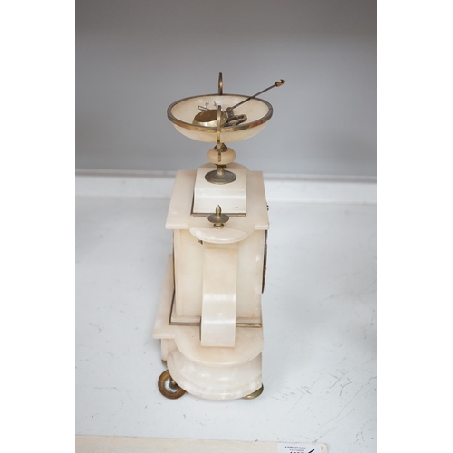 1324 - A Victorian alabaster mantel clock, striking on a bell, height 27cm. Condition - fair.