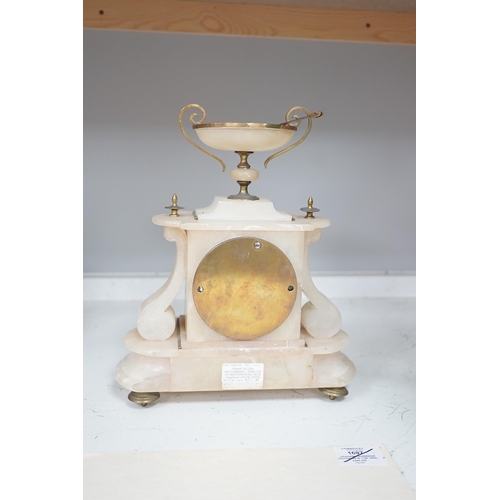 1324 - A Victorian alabaster mantel clock, striking on a bell, height 27cm. Condition - fair.