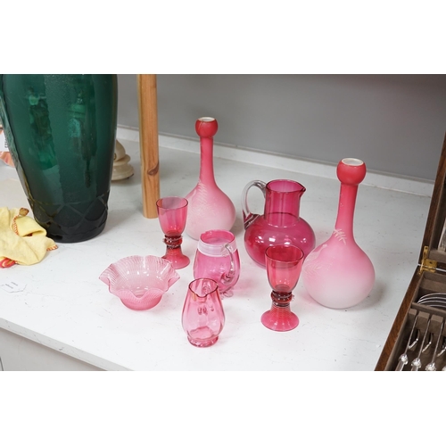 1326 - A pair of Victorian pink satin long necked vases, 25cm high, and five pieces of cranberry coloured g... 