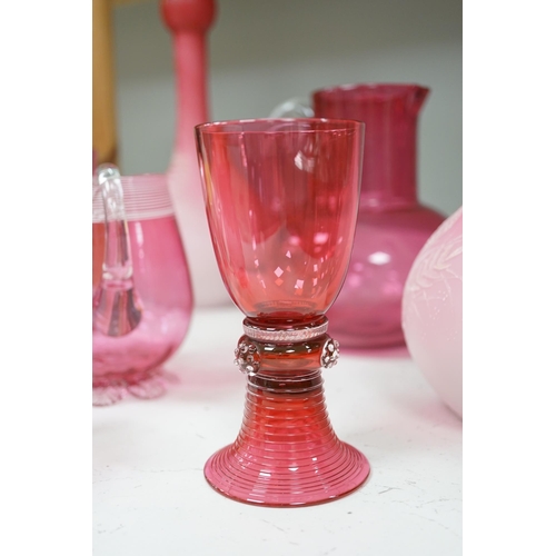 1326 - A pair of Victorian pink satin long necked vases, 25cm high, and five pieces of cranberry coloured g... 