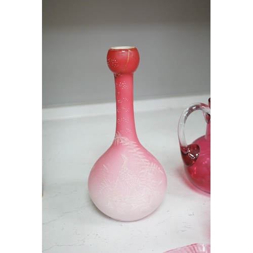 1326 - A pair of Victorian pink satin long necked vases, 25cm high, and five pieces of cranberry coloured g... 