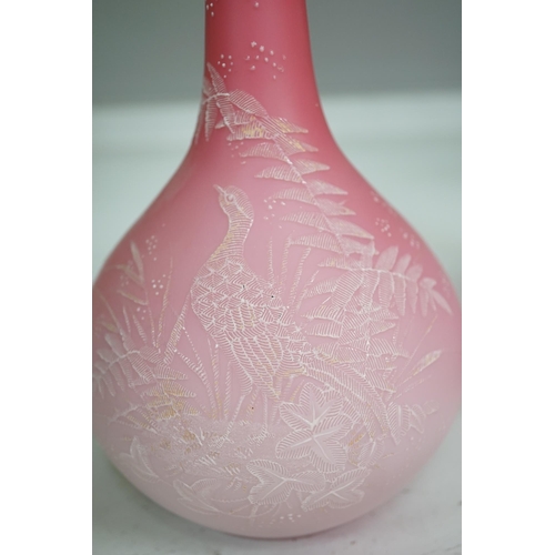 1326 - A pair of Victorian pink satin long necked vases, 25cm high, and five pieces of cranberry coloured g... 