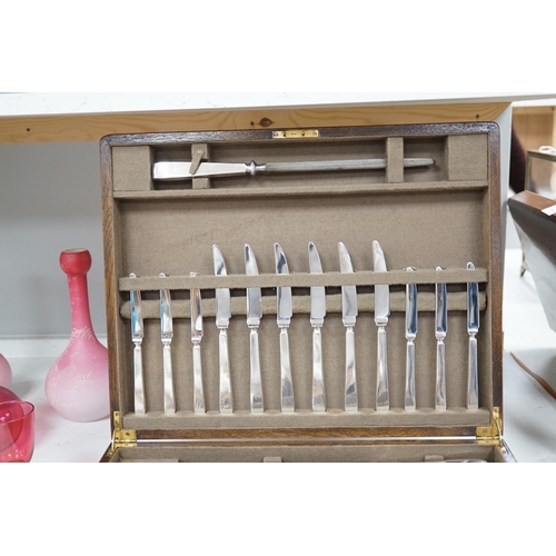 1327 - A Mappin and Webb oak canteen of silver plated cutlery, case 44 x 35 x 11cm. Condition fair to good,... 