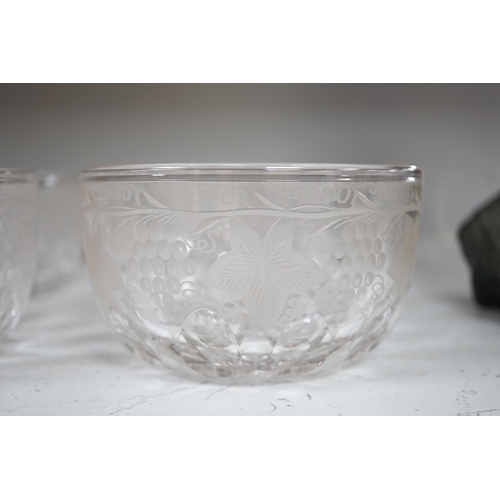 1340 - Nine vine engraved glass finger bowls, 13cm diameter. Condition - good.