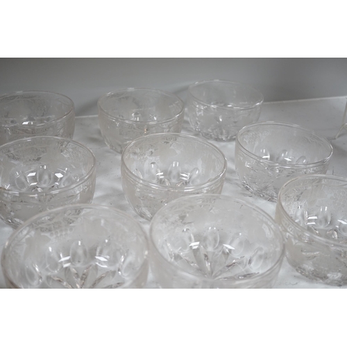 1340 - Nine vine engraved glass finger bowls, 13cm diameter. Condition - good.