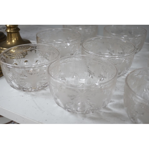 1340 - Nine vine engraved glass finger bowls, 13cm diameter. Condition - good.