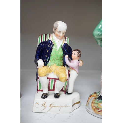 1342 - Six mid 19th century Staffordshire figures or groups: a pair titled my grandmother and my grandfath... 