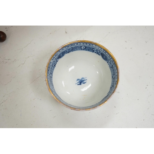 1348 - A Chinese blue and white plate, a tea bowl, two pottery bowls and a wooden stand (5). Condition - fa... 