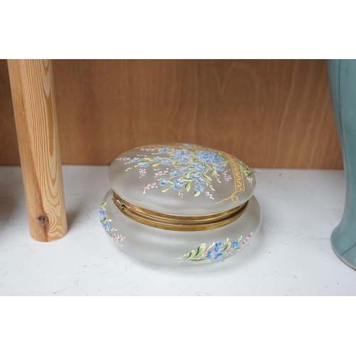 1353 - A Bohemian forget-me-not enamelled glass box and cover 18cm diameter. Condition - poor to fair, hing... 