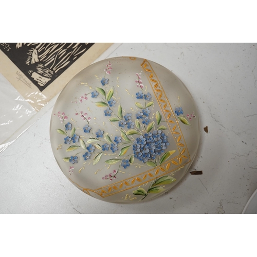 1353 - A Bohemian forget-me-not enamelled glass box and cover 18cm diameter. Condition - poor to fair, hing... 