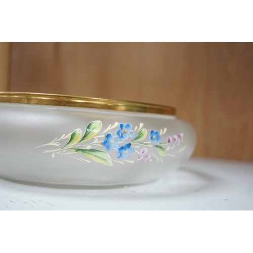 1353 - A Bohemian forget-me-not enamelled glass box and cover 18cm diameter. Condition - poor to fair, hing... 