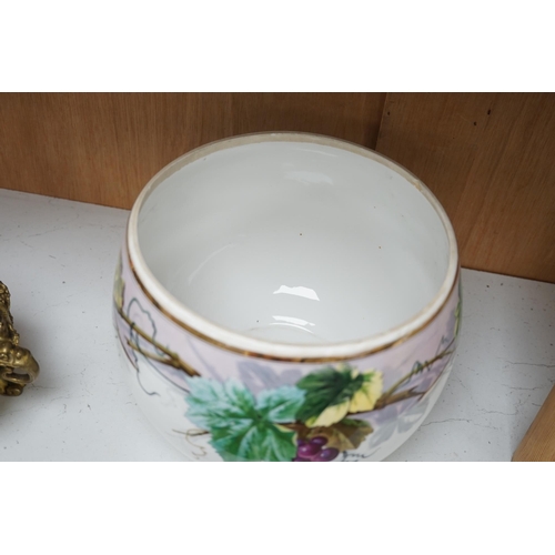 1354 - A Paris porcelain grape and vine painted punch bowl and cover, 27cm high. Condition - fair to good.... 