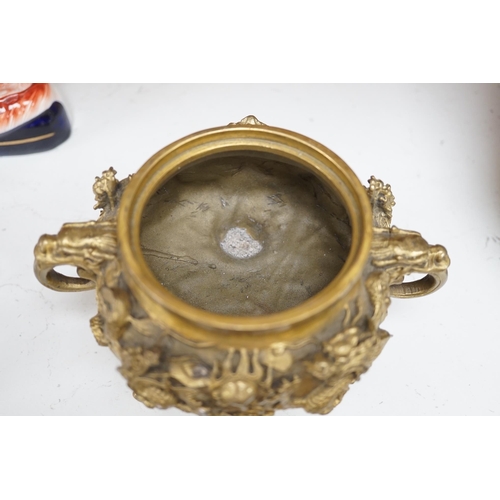 1355 - A Chinese bronze lidded censer, with jade bead insert in the finial, 15cm high. Condition - good.... 