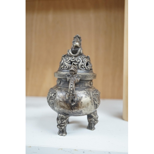 1357 - A Chinese silvered bronze lidded dragon censer, 16cm tall. Condition - fair to good