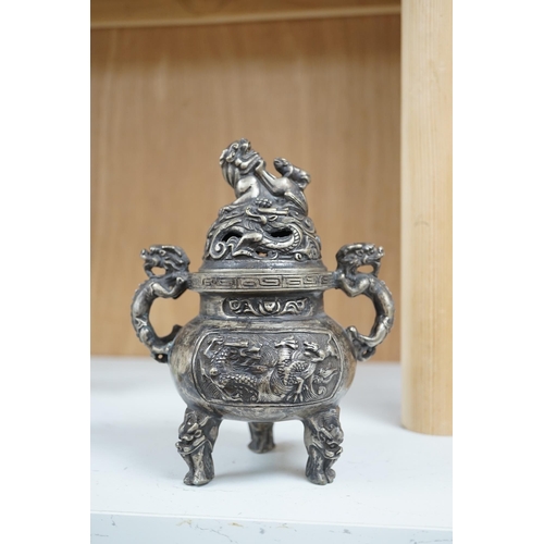 1357 - A Chinese silvered bronze lidded dragon censer, 16cm tall. Condition - fair to good