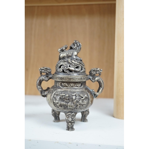 1357 - A Chinese silvered bronze lidded dragon censer, 16cm tall. Condition - fair to good