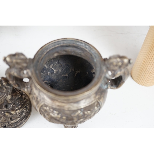 1357 - A Chinese silvered bronze lidded dragon censer, 16cm tall. Condition - fair to good