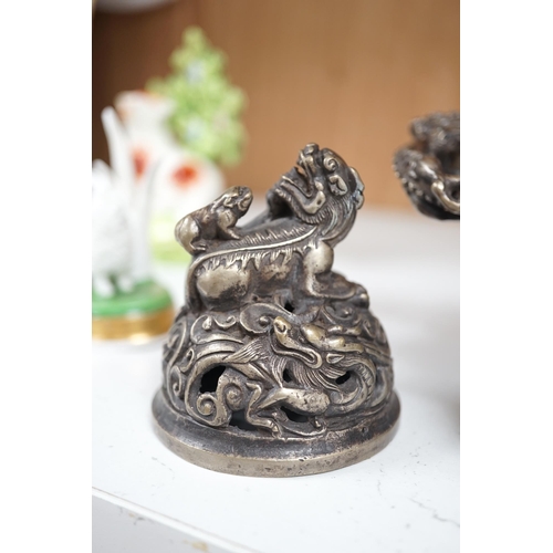 1357 - A Chinese silvered bronze lidded dragon censer, 16cm tall. Condition - fair to good