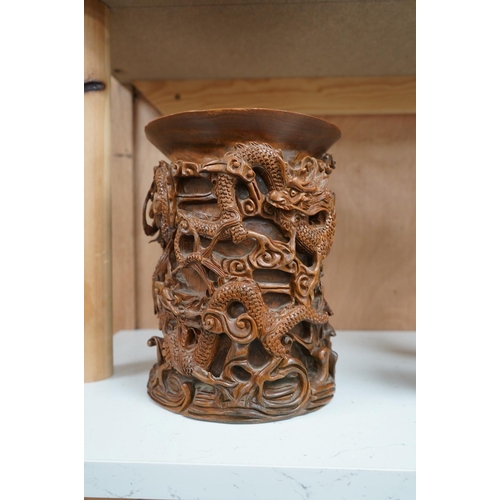 1367 - A 20th century Chinese carved hardwood dragon brush pot, 22.5cm high. Condition - fair to good... 