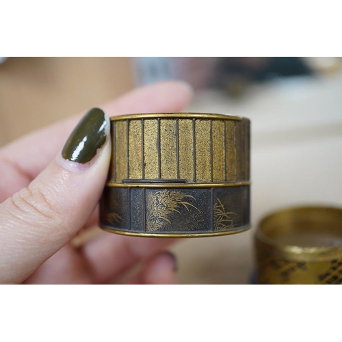 1381 - A Japanese miniature cylindrical lacquer box, 19th century, with applied carved ivory flower, 4.5cm ... 