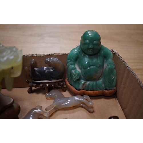 1391 - A group of Chinese and jadeite hardstone carvings to include seated figure of Buddha and twin handle... 