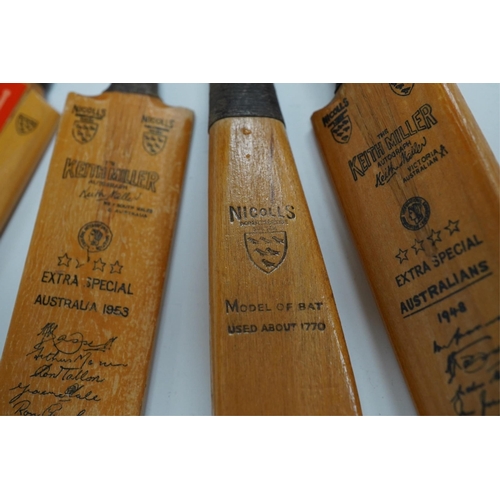 1401 - Four miniature model cricket bats, one signed, others printed. Condition - fair to good